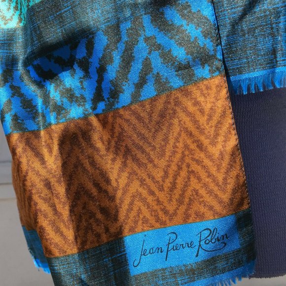 Blue & Tan Stripe Print Scarf Vintage Jean Pierre Robin Hair Bow Tie Headband - Picture 2 of 6